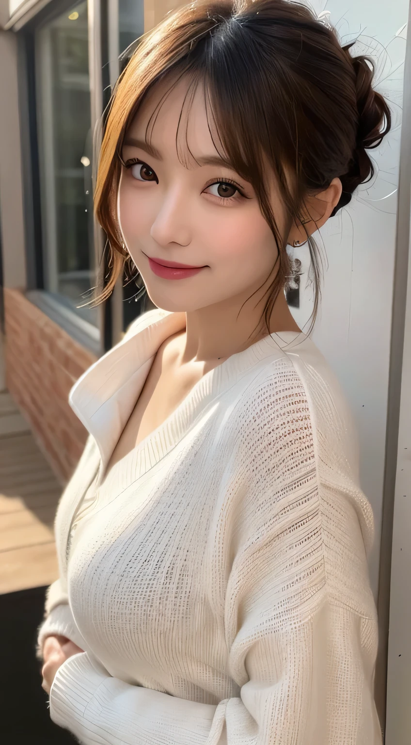 masutepiece, Best Quality, Illustration, Ultra-detailed, finely detail, hight resolution, 8K Wallpaper, Perfect dynamic composition, Beautiful detailed eyes, Casual Office Clothes,Medium Hair,small tits,Natural Color Lip, Bold sexy poses,Smile,Lobby of the finest hotel、20 years girl、Cute、Sexy shot looking at camera