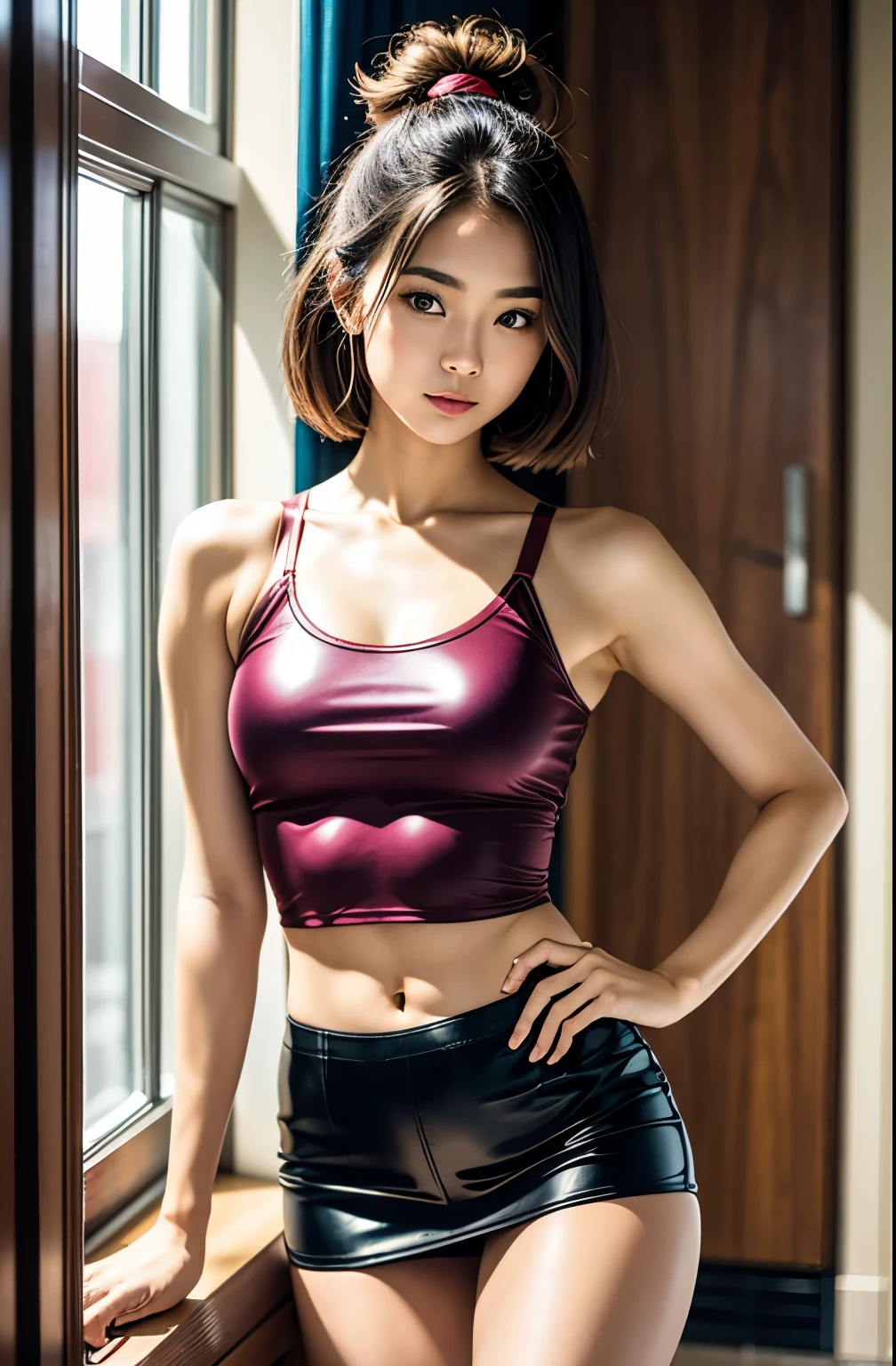 Best quality, masterpiece, ultra high res, (photorealistic:1.4), raw photo, 1girl, yoga outfit, pink latex crop top, black latex short, cinematic lighting, living room, 