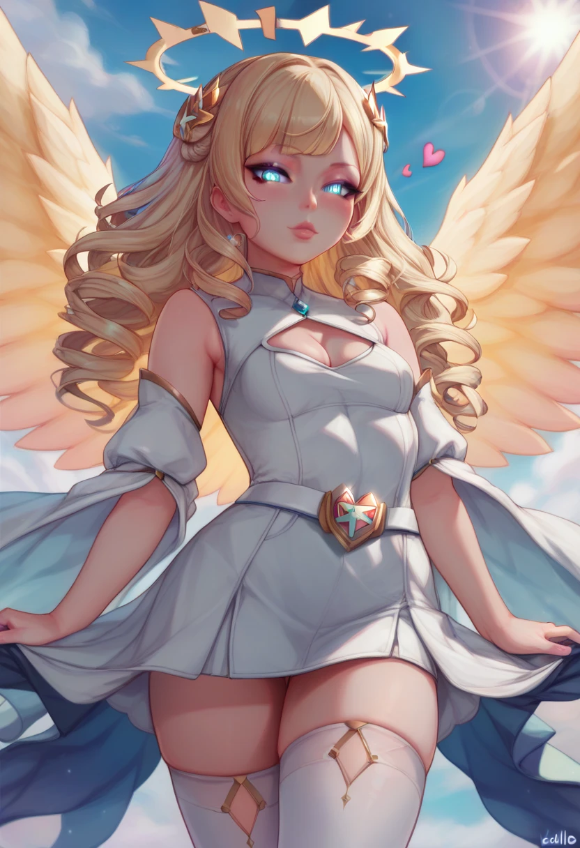 score_9,score_8_up,score_7_up,Loli,green glowing eyes,blonde curly long hair,small breasts,cleavage,thighs white belt holding thigh leggings,angelic renaissance outfit,smooth light pink lips stick,clothing cutout,cleavage cutout,cowboy shot,3 huge wings on each side of her back,all white pure outfit,heaven background,floating,little,short,heart shape halo behind her, and a glowing golden triangle portal with 7 sun rays beaming out of it and laying on her,