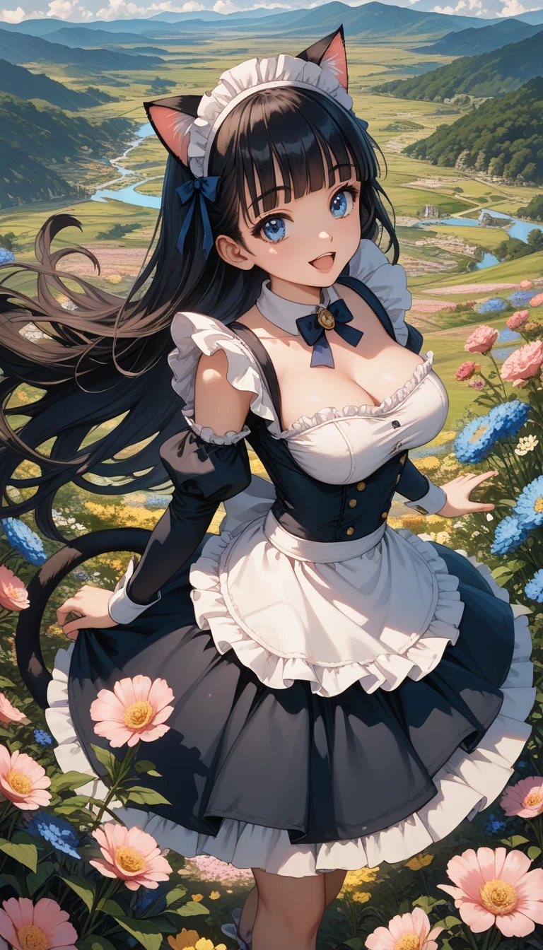   score_9, score_8_up, score_7_up,source_anime,   Petite girl, absurdly long black hair blunt bangs, blue eyes, cat ears, cat tail, happysmile,chestnut mouth, open shoulder maid uniform, high waist short skirt, Big Breasts,valley, Wind, look up, from above, white background, soft focus, diffused light, many flowers blooming, (manga-style illustration, masterpiece, best quality, perfect composition, high resolution, intricate details, ultra-detailed:0.9), (flat color, vintage retro, 2D flat:0.8), (light color, watercolor gradiation, Vector art, simple shapes, hyper-realistic:0.7), (muted color, soft focus, light diffusion, Sleek design:0.6)