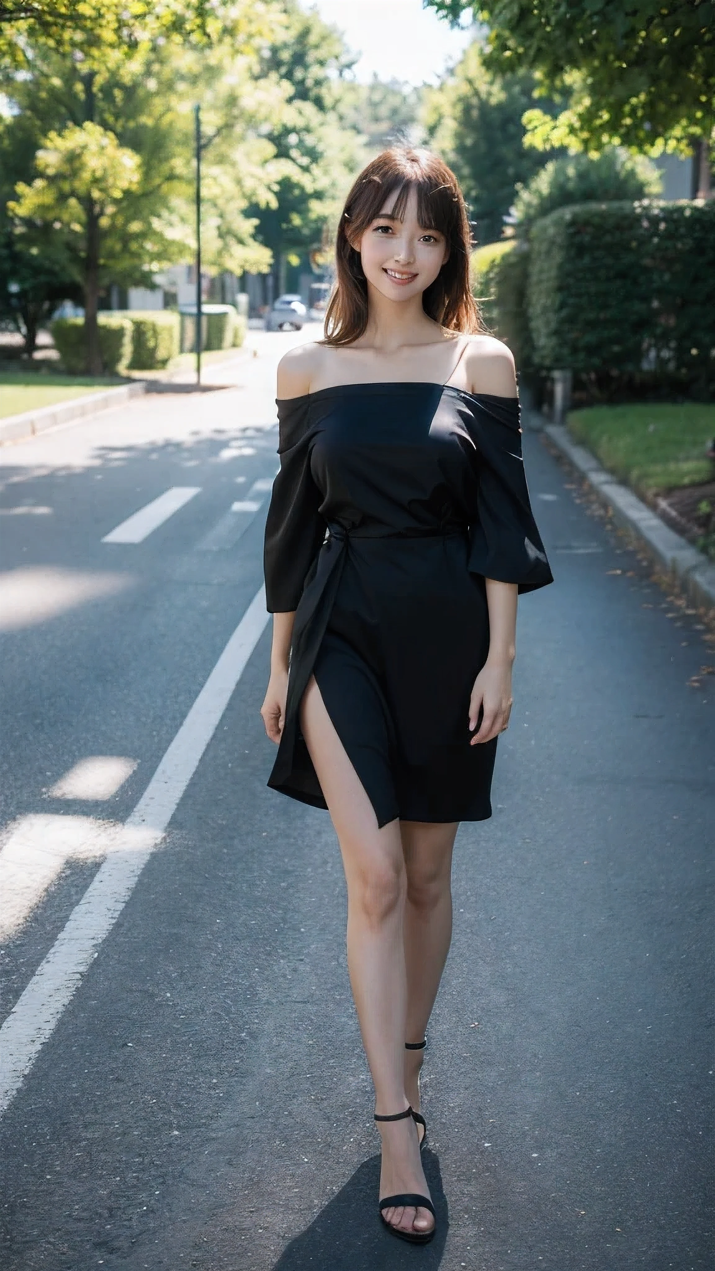 A woman in a black dress is walking down the street - SeaArt AI