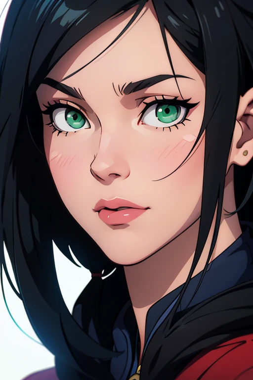 a close up of a woman with long black hair and green eyes, a character portrait inspired by Ross Tran ,  trending on ArtStation , serial art, Artgerm e Atey Ghailan,  stunning anime face portrait , Beautiful anime portrait,  made with anime painter studio , Ilya Kuvshinov com cabelo longo,  female anime character ,  painted at the anime painting studio Long Hair, 