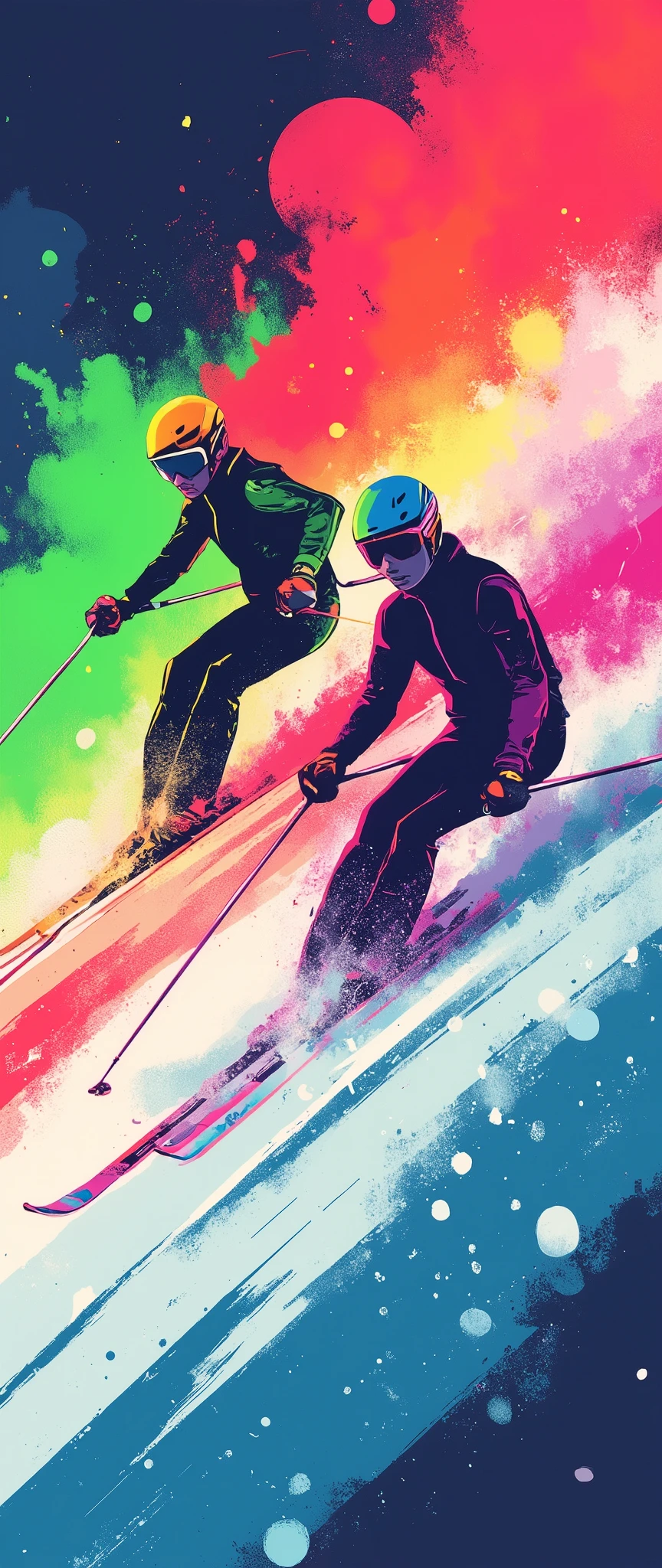 (masterpiece:1.2)、( super detailed)、8k、16k、wallpaper、( ski sprint:2.0)、poster、 Ski Sprint Technology々 neon silhouettes that look like ski splints are lined up in a row、(( Monochrome, Red 、green、Purple、yellow、 Blue、pink Color Palette ))、(( Vector art ))、(( Flat Design )),(snow splashes:2.0),( depth of field:2.0)