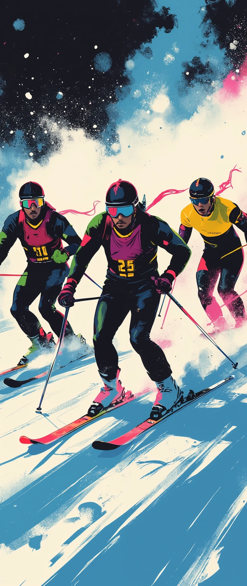 (masterpiece:1.2)、( super detailed)、8k、16k、wallpaper、( ski sprint:2.0)、poster、 Ski Sprint Technology々 neon silhouettes that look like ski splints are lined up in a row、(( Monochrome, Red 、green、Purple、yellow、 Blue、pink Color Palette ))、(( Vector art ))、(( Flat Design )),(snow splashes:2.0),( depth of field:2.0)