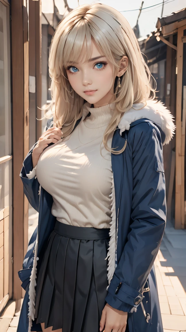 (masterpiece:1.2, best quality), (real picture, intricate details), 1lady, solo, upper body, casual, long hair, minimal makeup, natural fabrics, close-up face, smile, home, long light platinum blonde hair, bangs, wavy hair, voluminous hair, green eyes, big breasts, cold clothing, cute clothes, pleated skirt, black skirt, beautiful clothing, blue parkas, blue coat, coat with fur, blue coat white fur, bangs on forehead, Korean bangs, cute bangs. risbeauty asia,