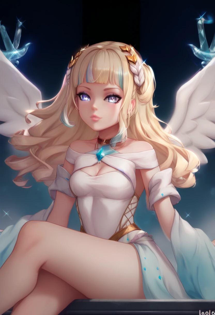 score_9,score_8_up,score_7_up,Loli,green glowing eyes,blonde curly long hair,small breasts,cleavage,thighs,angelic renaissance outfit,smooth light pink lips stick,clothing cutout,highleg,cleavage cutout,cowboy shot,6 white wings,all white pure outfit,heaven background,floating,little,short,sitting on her heavenly throne,High Resolution,Detail,High Details,HD,Textured Skin,