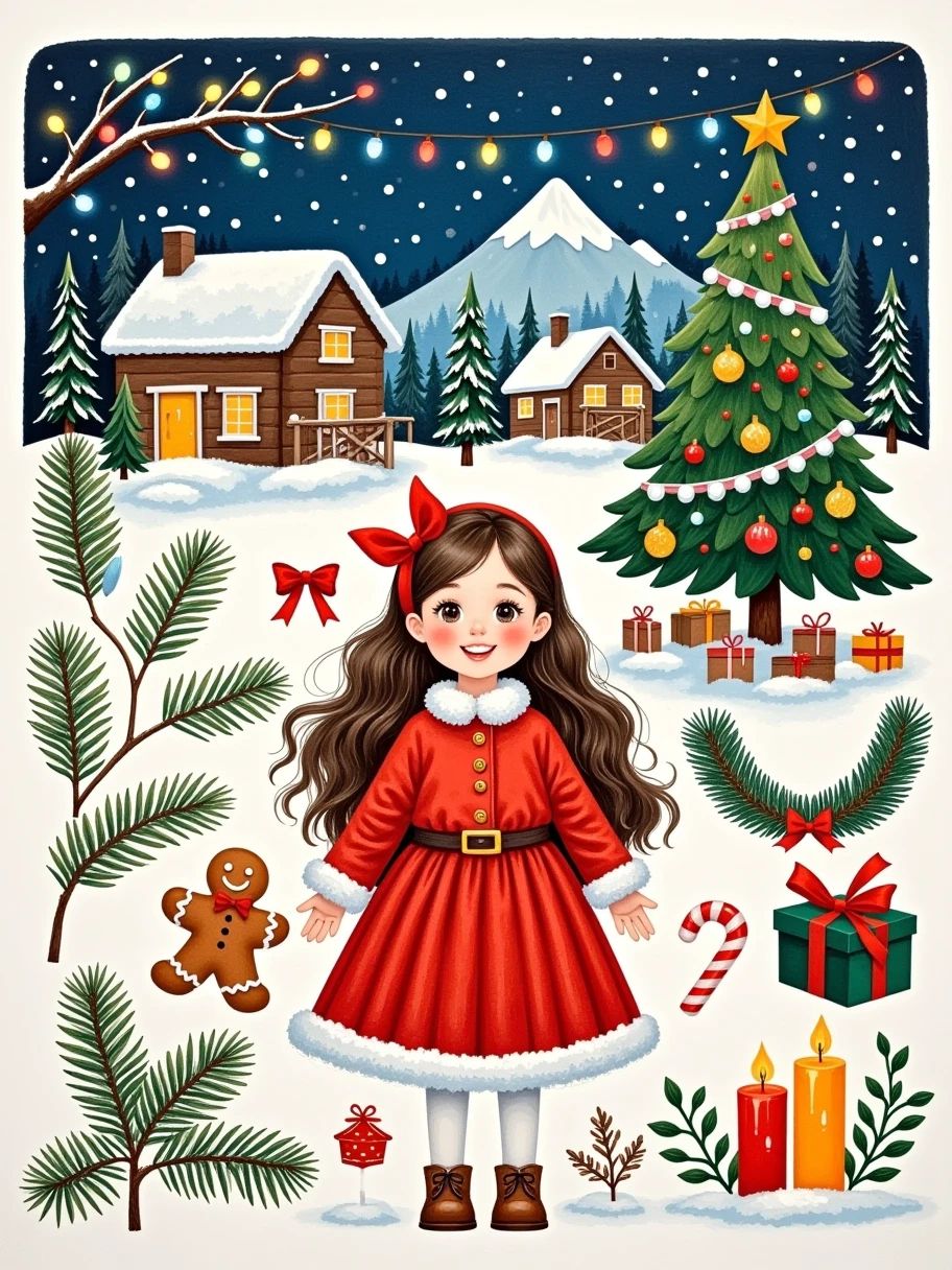 Various Christmas tree lights and balls, Christmas garlands, bows, gingerbread men, Christmas flags, Christmas candles and other accessories form a handmade collage, The picture shows a beautiful girl wearing Santa Claus costume, 1girl, happy and festive on Christmas night The festival mountain village, simple composition, a masterpiece