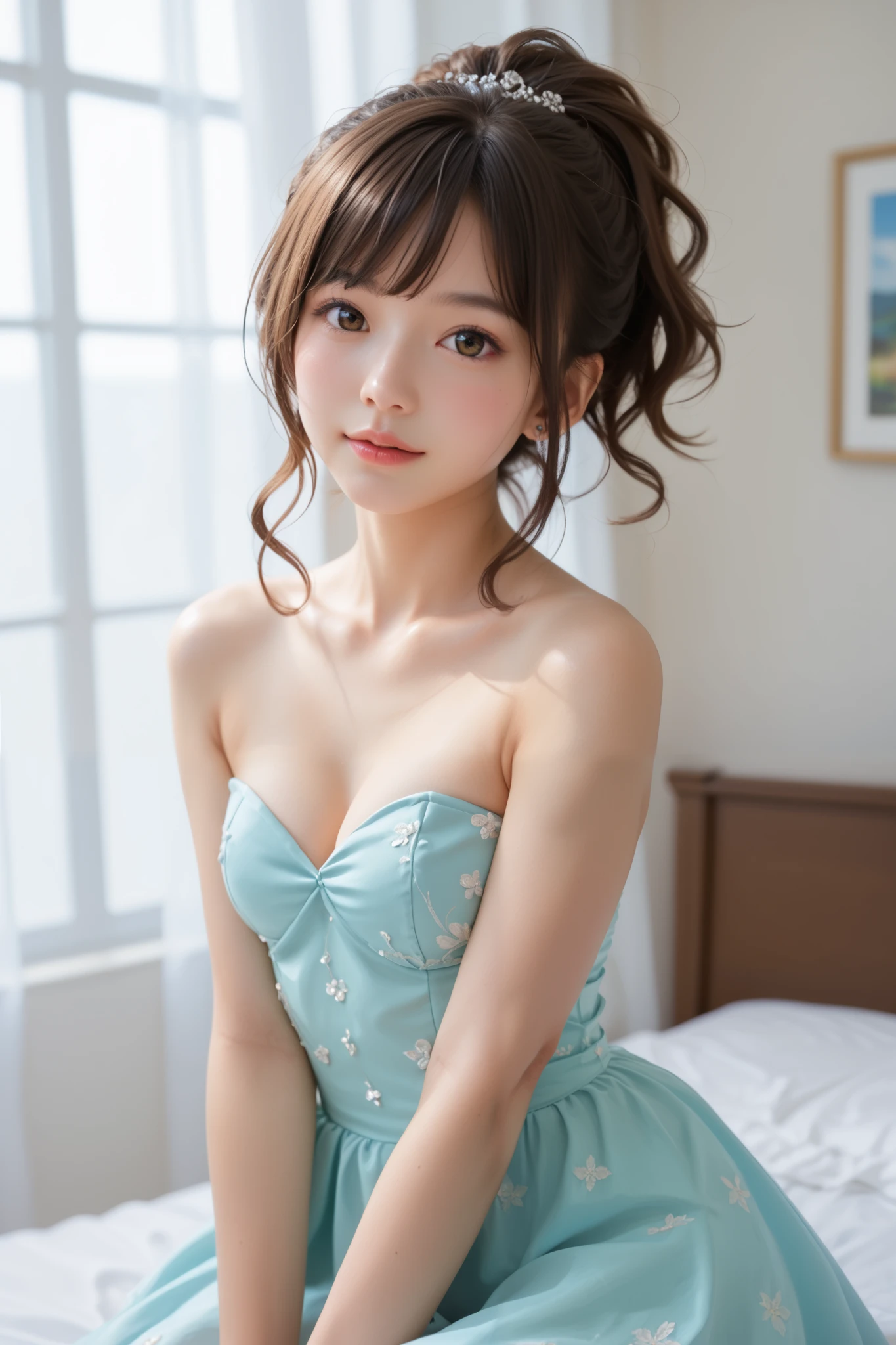 asian woman in a blue dress sitting on a bed, a pastel by Eizan Kikukawa, tumblr, shin hanga, realistic young gravure idol, young sensual gravure idol, Yoshitomo Nara, sophisticated gravure idol, young pretty gravure idol, with short hair, cute elegant pose