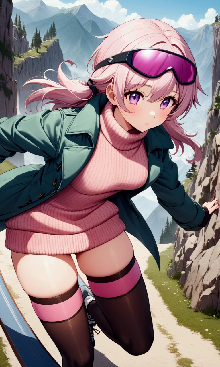 (high res, masterpiece, Ultra sharp, absurd details), 1girl, solo, cute girl, pink hair, short hair, 2 buns hair, big butt, bikini, ski jacket, ass up, ecchi, green eyes, blush, full body, laid , mountains, snow, seen from above, wide-angle lens distortion