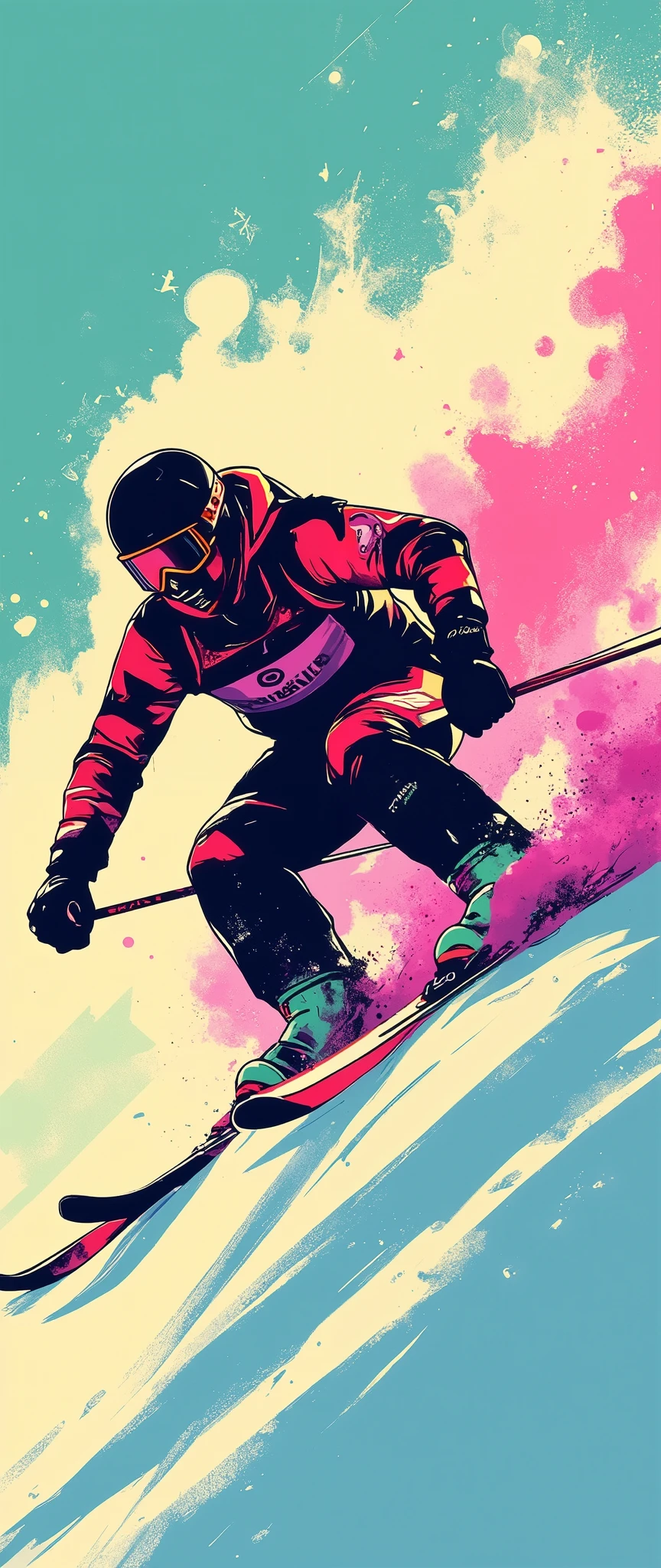 (masterpiece:1.2)、( super detailed)、8k、16k、wallpaper、( ski sprint:2.0)、poster、 Ski Sprint Technology々 neon silhouettes that look like ski splints are lined up in a row、(( Monochrome, Red 、green、Purple、yellow、 Blue、pink Color Palette ))、(( Vector art ))、(( Flat Design )),(snow splashes:2.0),( depth of field:2.0)