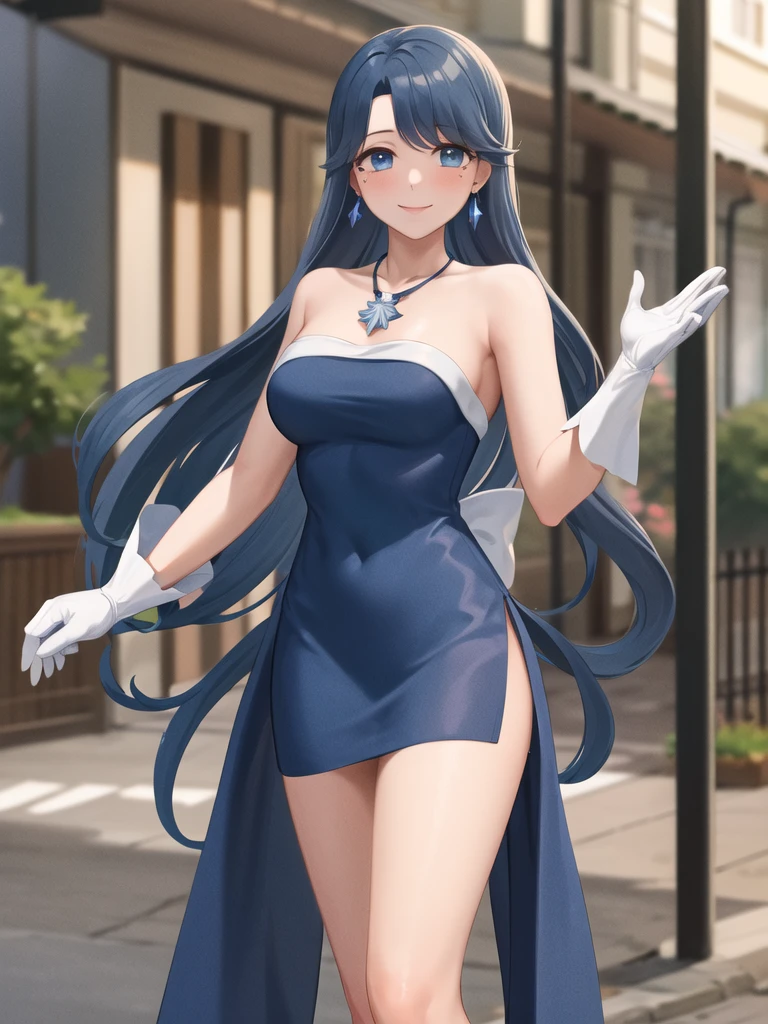 masterpiece, best quality, highres, 1girl, solo, long hair, blue hair, blue eyes, mole under eye, medium breasts, earrings, necklace, bare shoulders, blue dress, strapless dress, white gloves, cowboy shot, standing, smile, outdoors