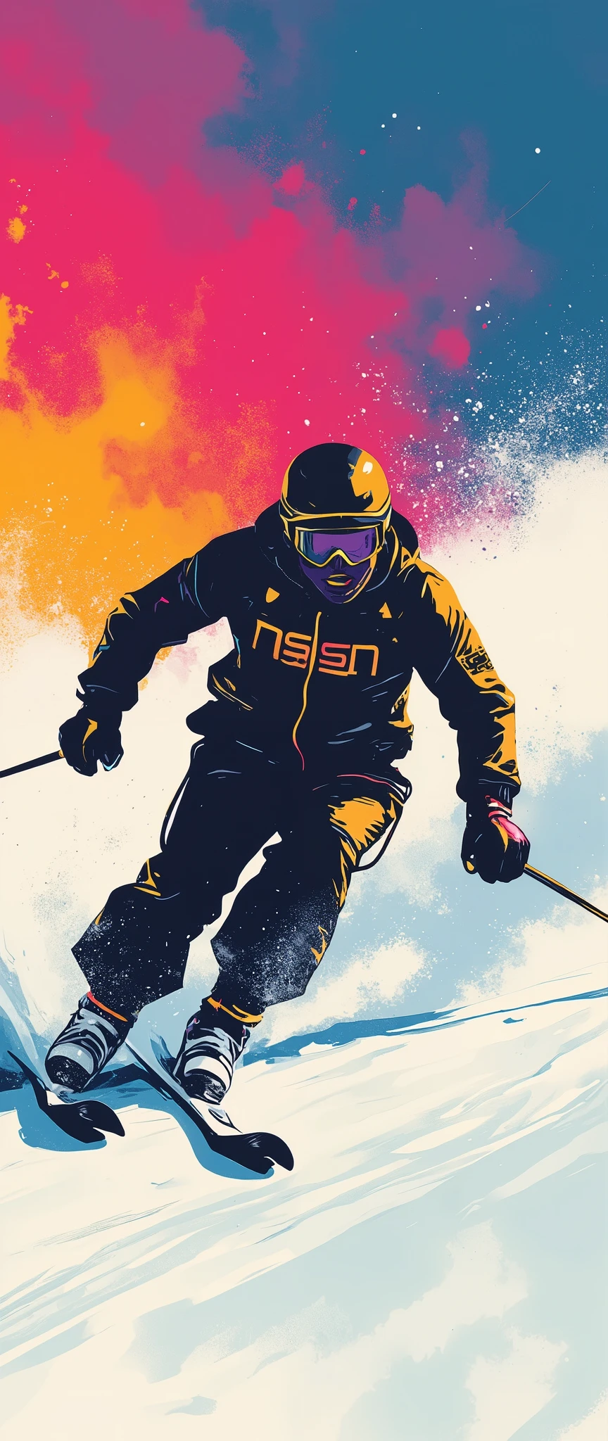 (masterpiece:1.2)、( super detailed)、8k、16k、wallpaper、( ski sprint:2.0)、poster、 Ski Sprint Technology々 neon silhouettes that look like ski splints are lined up in a row、(( Monochrome, Red 、green、Purple、yellow、 Blue、pink Color Palette ))、(( Vector art ))、(( Flat Design )),(snow splashes:2.0),( depth of field:2.0)