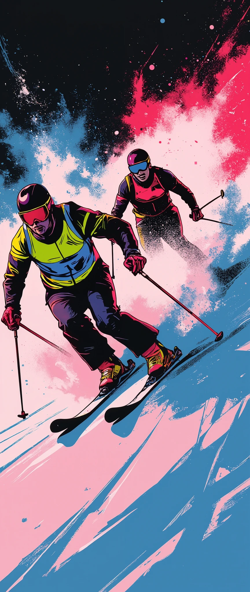 (masterpiece:1.2)、( super detailed)、8k、16k、wallpaper、( ski sprint:2.0)、poster、 Ski Sprint Technology々 neon silhouettes that look like ski splints are lined up in a row、(( Monochrome, Red 、green、Purple、yellow、 Blue、pink Color Palette ))、(( Vector art ))、(( Flat Design )),(snow splashes:2.0),( depth of field:2.0)