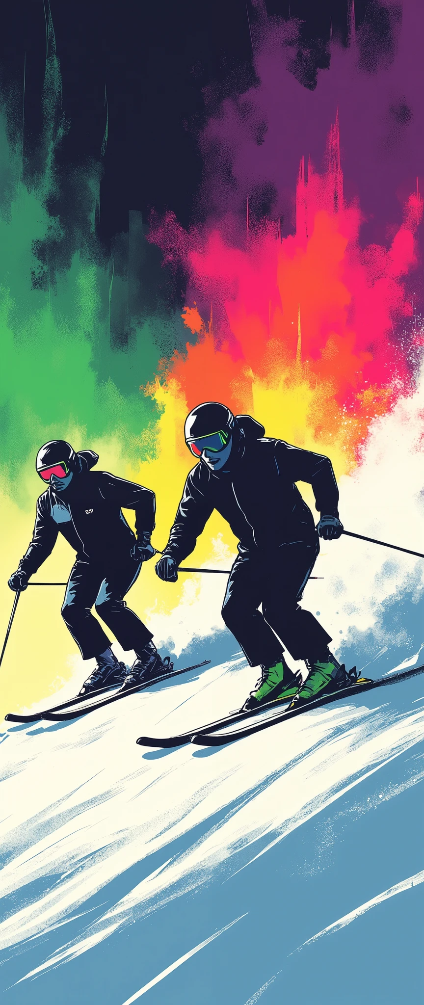 (masterpiece:1.2)、( super detailed)、8k、16k、wallpaper、( ski sprint:2.0)、poster、 Ski Sprint Technology々 neon silhouettes that look like ski splints are lined up in a row、(( Monochrome, Red 、green、Purple、yellow、 Blue、pink Color Palette ))、(( Vector art ))、(( Flat Design )),(snow splashes:2.0),( depth of field:2.0)