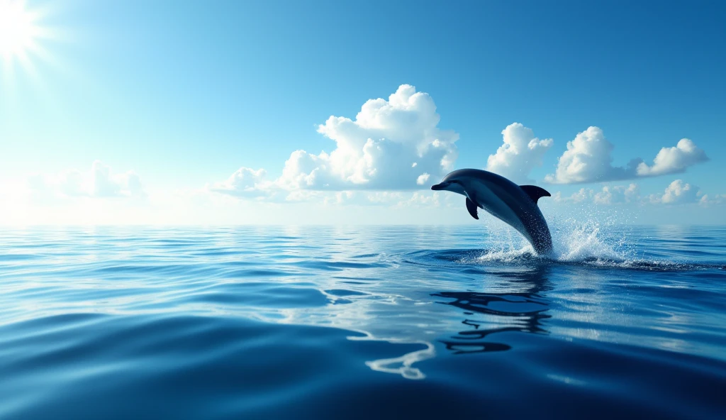 "Sky and Ocean Meet": A vast expanse of blue sea blends with the clear sky on the horizon. The camera captures the silhouette of a dolphin leaping out of the water in slow motion, forming a fountain of sparkling droplets in the sun. Small, scattered clouds reflect the golden tones of mid-afternoon.