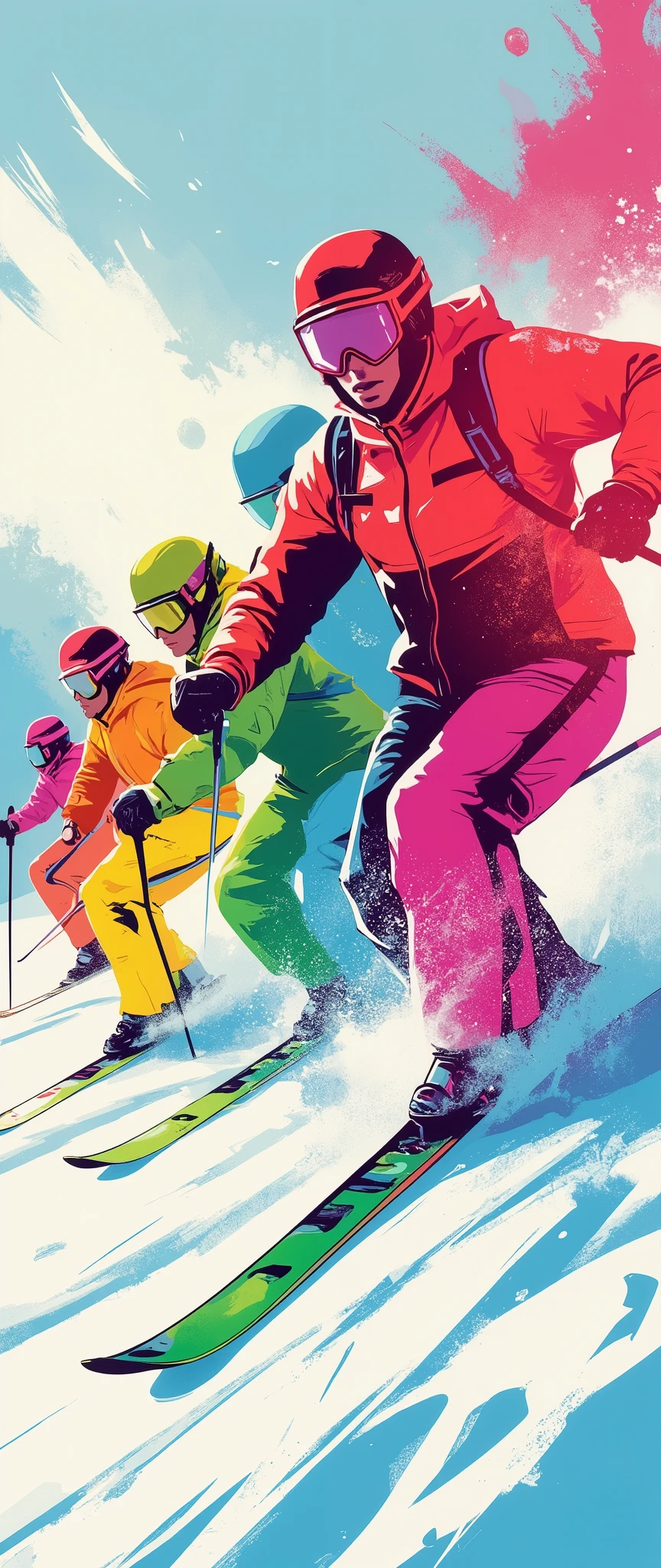 (masterpiece:1.2)、( super detailed)、8k、16k、wallpaper、( ski sprint:2.0)、poster、 Ski Sprint Technology々 neon silhouettes that look like ski splints are lined up in a row、(( Monochrome, Red 、green、Purple、yellow、 Blue、pink Color Palette ))、(( Vector art ))、(( Flat Design )),(snow splashes:2.0),( depth of field:2.0)