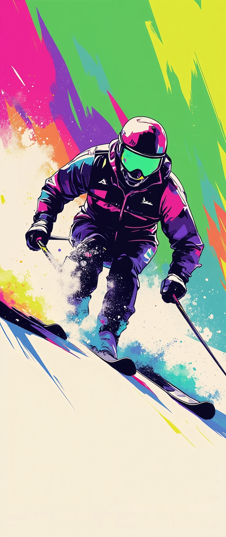 (masterpiece:1.2)、( super detailed)、8k、16k、wallpaper、( ski sprint:2.0)、poster、 Ski Sprint Technology々 neon silhouettes that look like ski splints are lined up in a row、(( Monochrome, Red 、green、Purple、yellow、 Blue、pink Color Palette ))、(( Vector art ))、(( Flat Design )),(snow splashes:2.0),( depth of field:2.0)