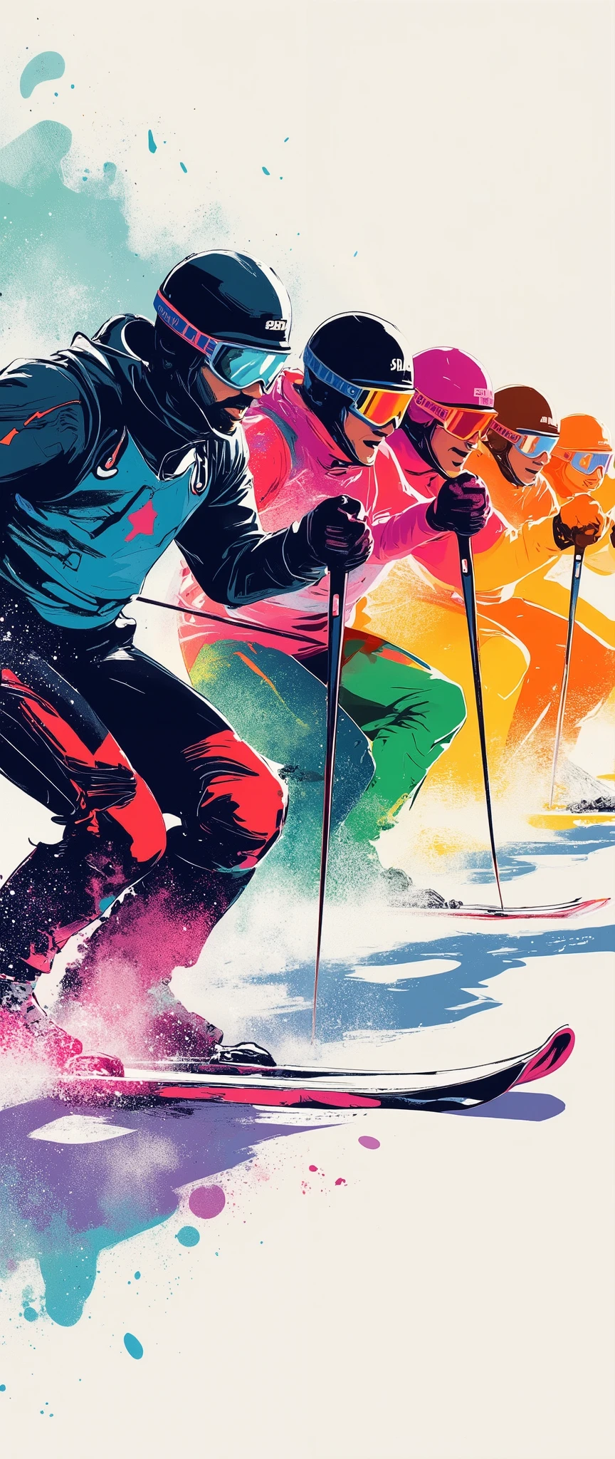 (masterpiece:1.2)、( super detailed)、8k、16k、wallpaper、( ski sprint:2.0)、poster、 Ski Sprint Technology々 neon silhouettes that look like ski splints are lined up in a row、(( Monochrome, Red 、green、Purple、yellow、 Blue、pink Color Palette ))、(( Vector art ))、(( Flat Design )),(snow splashes:2.0),( depth of field:2.0)