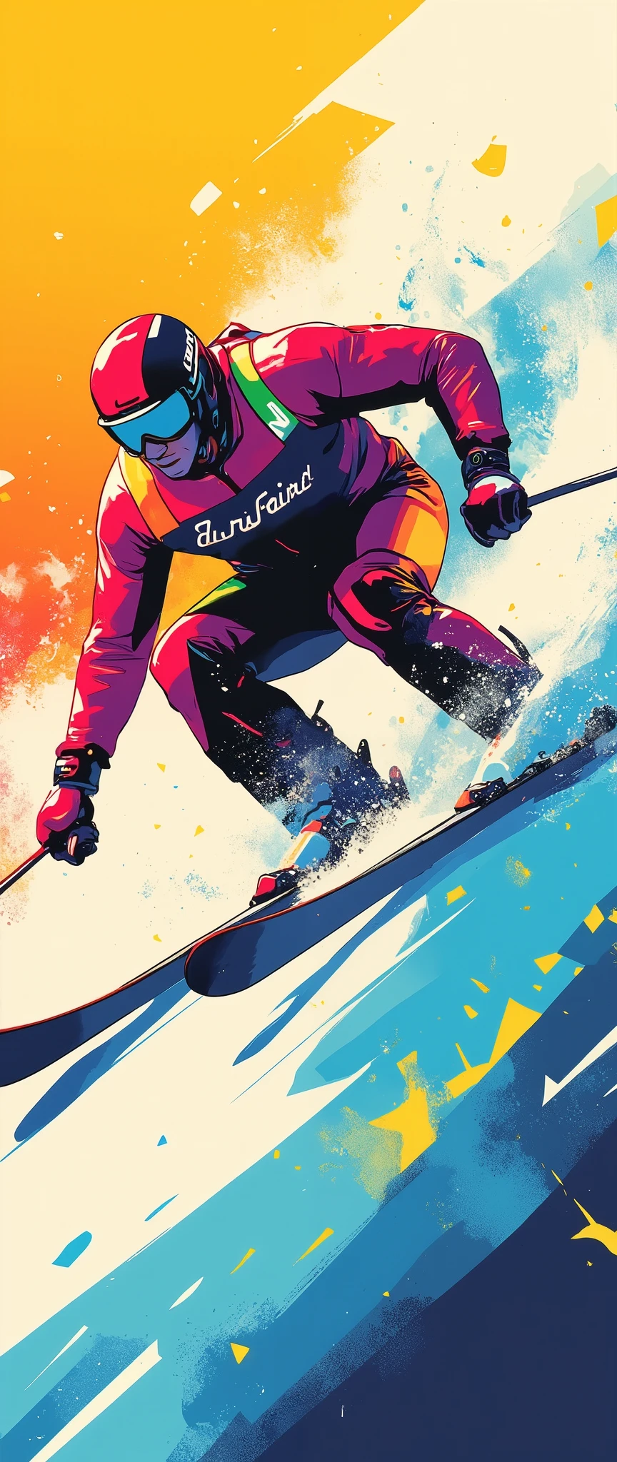 (masterpiece:1.2)、( super detailed)、8k、16k、wallpaper、( ski sprint:2.0)、poster、 Ski Sprint Technology々 neon silhouettes that look like ski splints are lined up in a row、(( Monochrome, Red 、green、Purple、yellow、 Blue、pink Color Palette ))、(( Vector art ))、(( Flat Design )),(snow splashes:2.0),( depth of field:2.0)