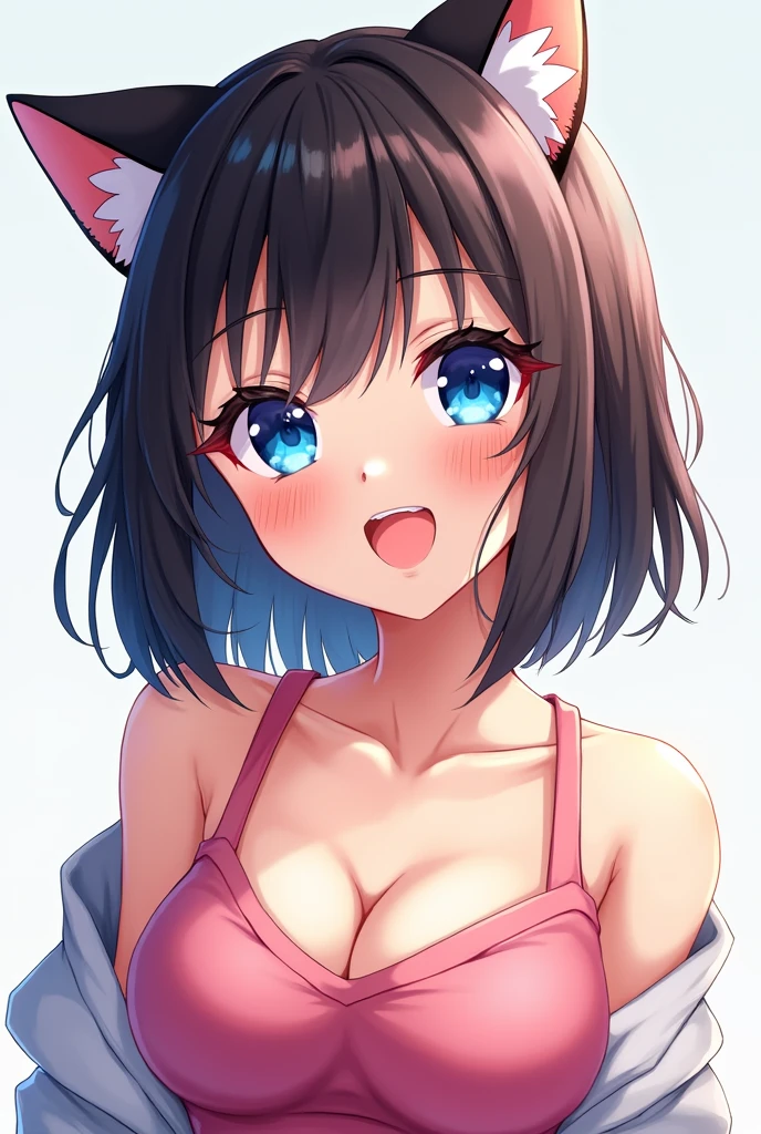 Brown hair, short hair, big breasts, cat ears, Devil's Eyes, grin, naughty face, sticking out tongue, saliva, 
