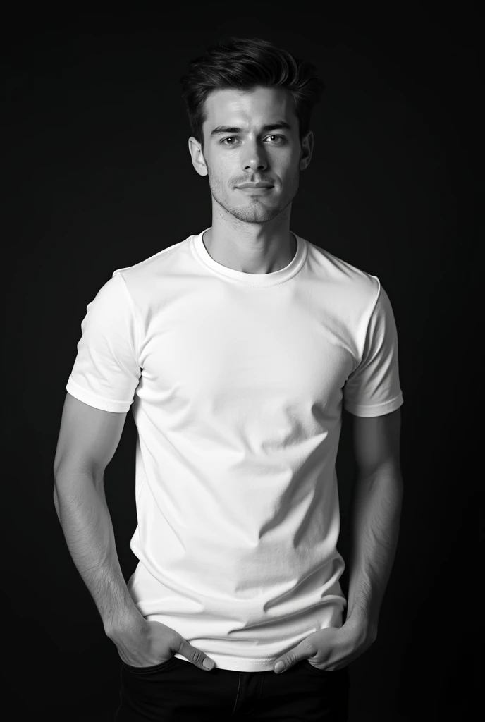 Cinematic, a handsom man, 36 years old, shaven , short black hair, black tight suit, white fit shirt . Minimalistic background, clean composition, strong details, Muted Colours, Hasselblad --style raw