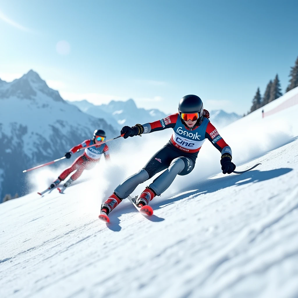 Realistic, theme is "Ski Sprint", downhill skiing, skiers quickly passing through a gate on a steep slope, skiing down at breakneck speed wearing helmets and goggles, making turns at the gates kicking up snow, contrast between the blue sky and the white snow, the Alps can be seen in the distance, powerful scene, close-up on one skier's feet, detailed low-angle side view, sophisticated design, advanced lighting technology, real-life 8K quality photos