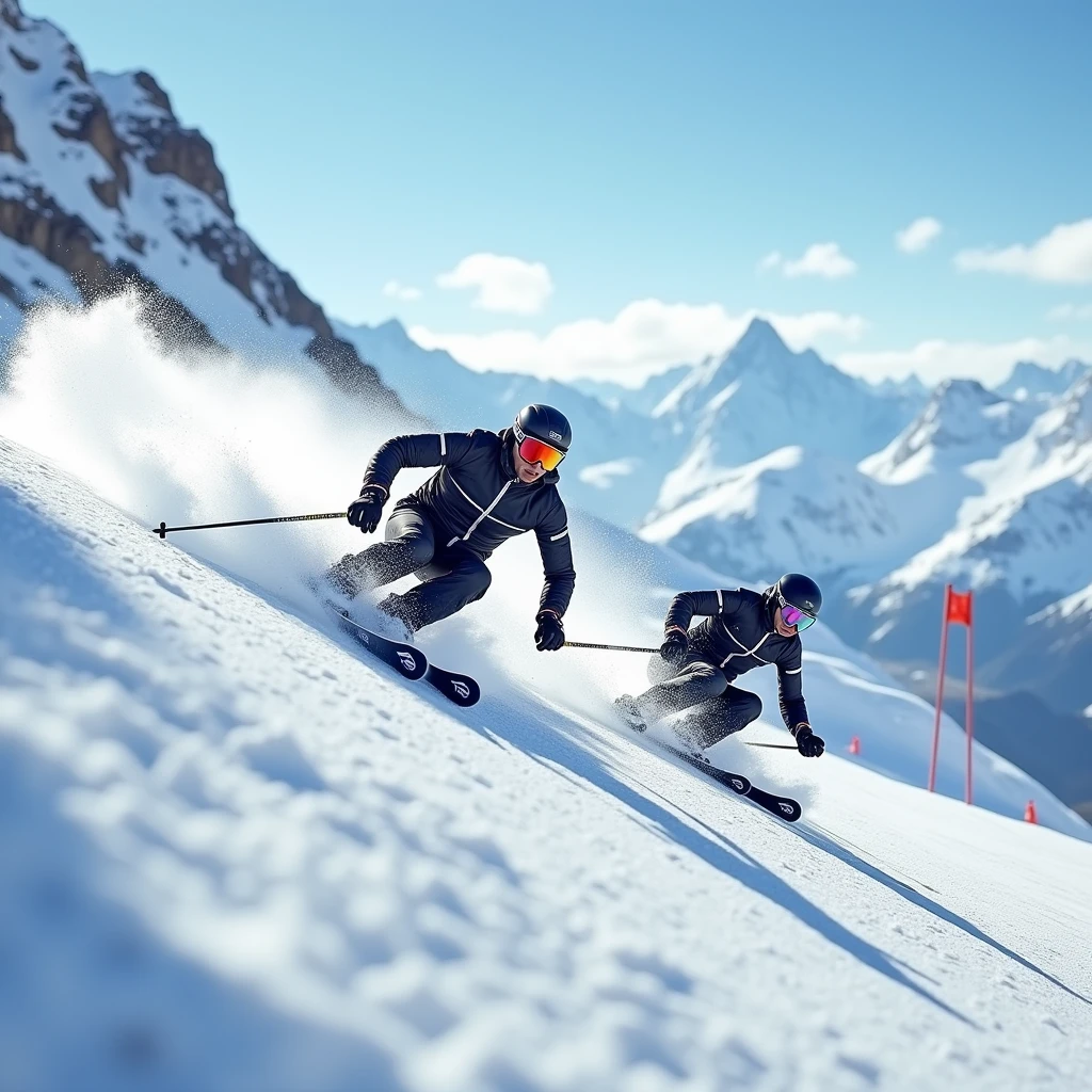 Realistic, theme is "Ski Sprint", downhill skiing, skiers quickly passing through a gate on a steep slope, skiing down at breakneck speed wearing helmets and goggles, making turns at the gates kicking up snow, contrast between the blue sky and the white snow, the Alps can be seen in the distance, powerful scene, close-up on one skier's feet, detailed low-angle side view, sophisticated design, advanced lighting technology, real-life 8K quality photos