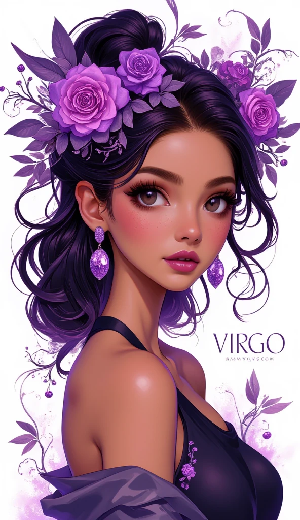 (Masterpiece, Ultra-detailed, Cinematic Quality, Stylized Illustration, Wallpaper, 8k resolution), (Portrait of a woman representing the Virgo zodiac sign:2.0), (Modern and artistic design with a whimsical touch:1.8), (Angle slightly lateral, showcasing her sharp, oriental-inspired eyes with a captivating gaze:1.6), (Dark, sleek black hair cascading gracefully around her shoulders:1.6), (Crown of purple roses and vine-like plants adorning her head, adding elegance and nature-inspired beauty:1.8), (Bold purple lipstick accentuating her full lips:1.4), (Freckles softly scattered across her cheeks, enhancing her natural charm:1.6), (Skin tone: warm, medium brown with a radiant glow:1.8), (Large earrings with two prominent purple gemstones adding sophistication to her appearance:1.6), (Plain white background with the word "VIRGO" elegantly written to the side in a modern font:1.4), (Soft, diffused lighting highlighting her features and floral crown for a gentle yet striking effect).