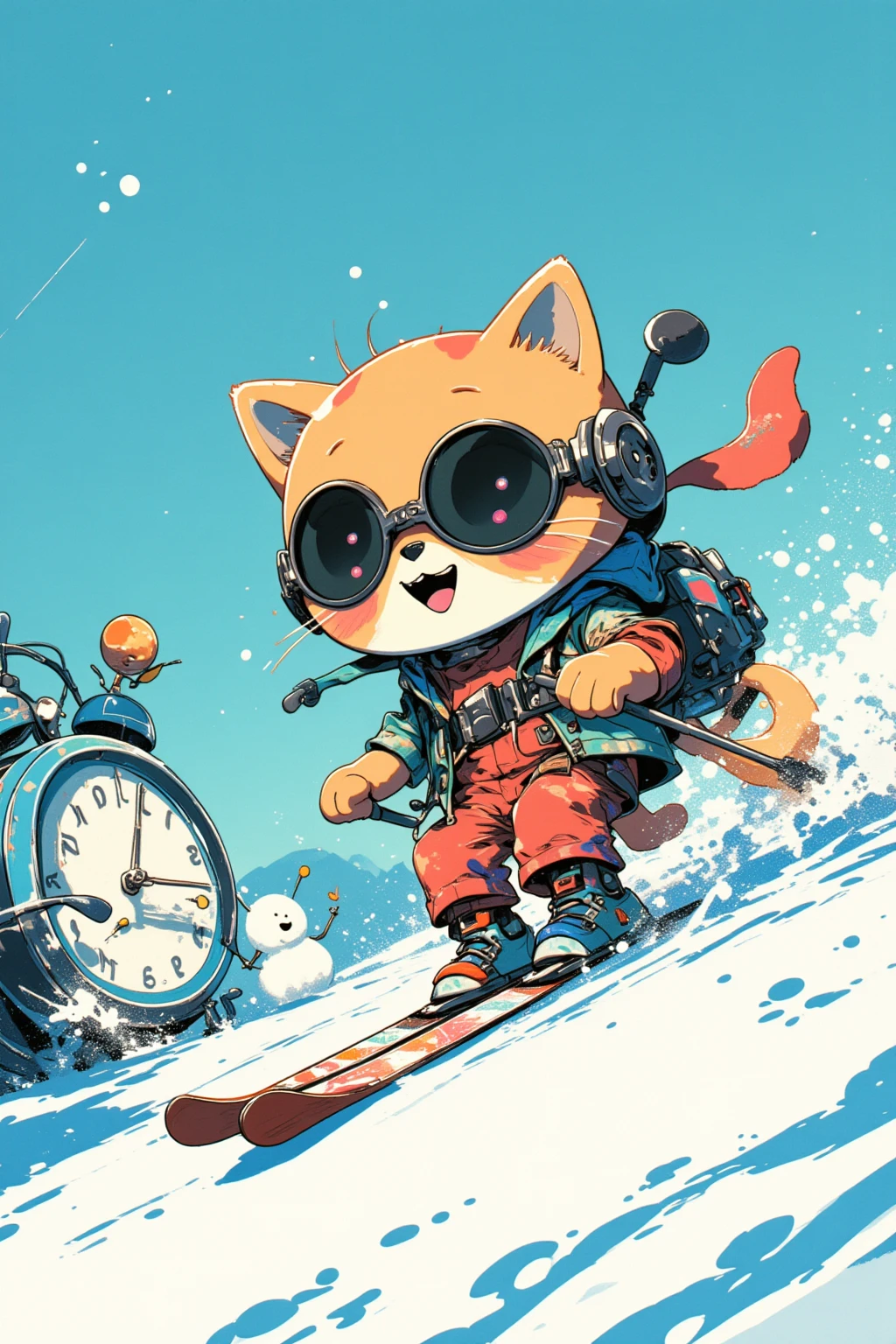  Alpine Skiing 猫娘 ,slalom,cartoon,cartoon,Stuffed Toy Art , Chill Hop,  album art,  Art depicting pop characters  ,  Psychedelic Hip Hop album art ,   promotional art , Downhill, snowman, Snowflakes ,Olympic,clock,Thief Cat Chasing Mouse 