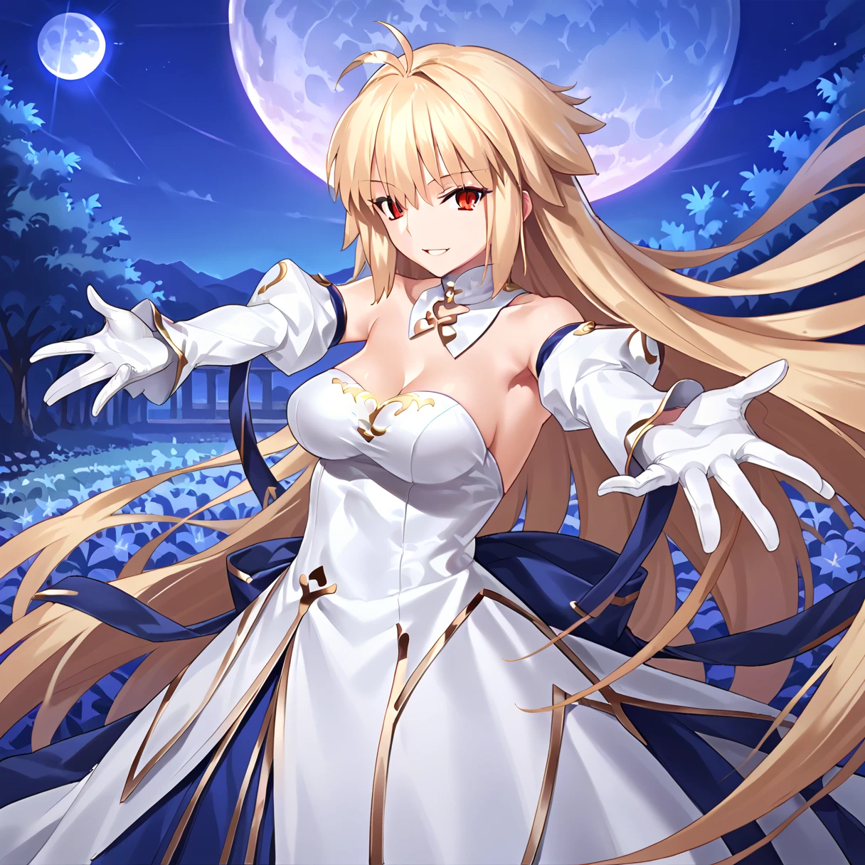 1girl, solo, (arc_1:1.2), long hair, red eyes, (slit pupils:1.1), very long hair, antenna hair, bangs, hair intakes,  dress, detached sleeves, breasts, gloves, blonde hair, bare shoulders, blonde hair, cleavage, detached collar, white gloves, strapless dress, white dress,  blue skirt, gold trim, flower field, full moon, night, night sky, smile, looking at viewer, standing, outstretched arms, palms, facing viewer,  good hands, 
score_9, score_8_up, score_7_up, masterpiece,
