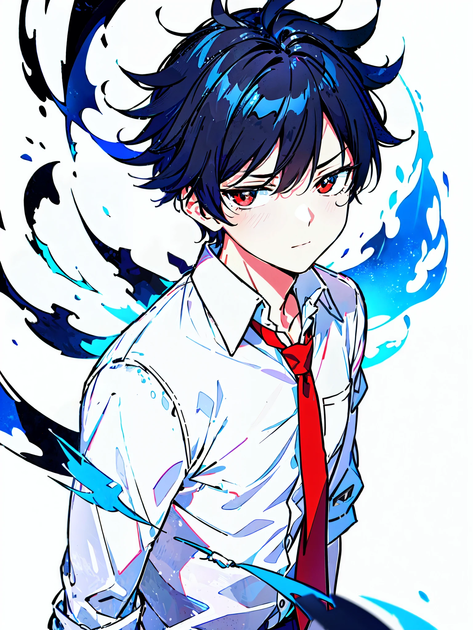 [(WHITE BACKGROUND:1.5),::5], ((masterpiece)), high quality, ultra very high resolution, full color, ((solo)), ((little younger boy)), white shirt, ((men's Black hair)), (Red eyes), anime, (upper body), (Blue Blaze effects:1.3)