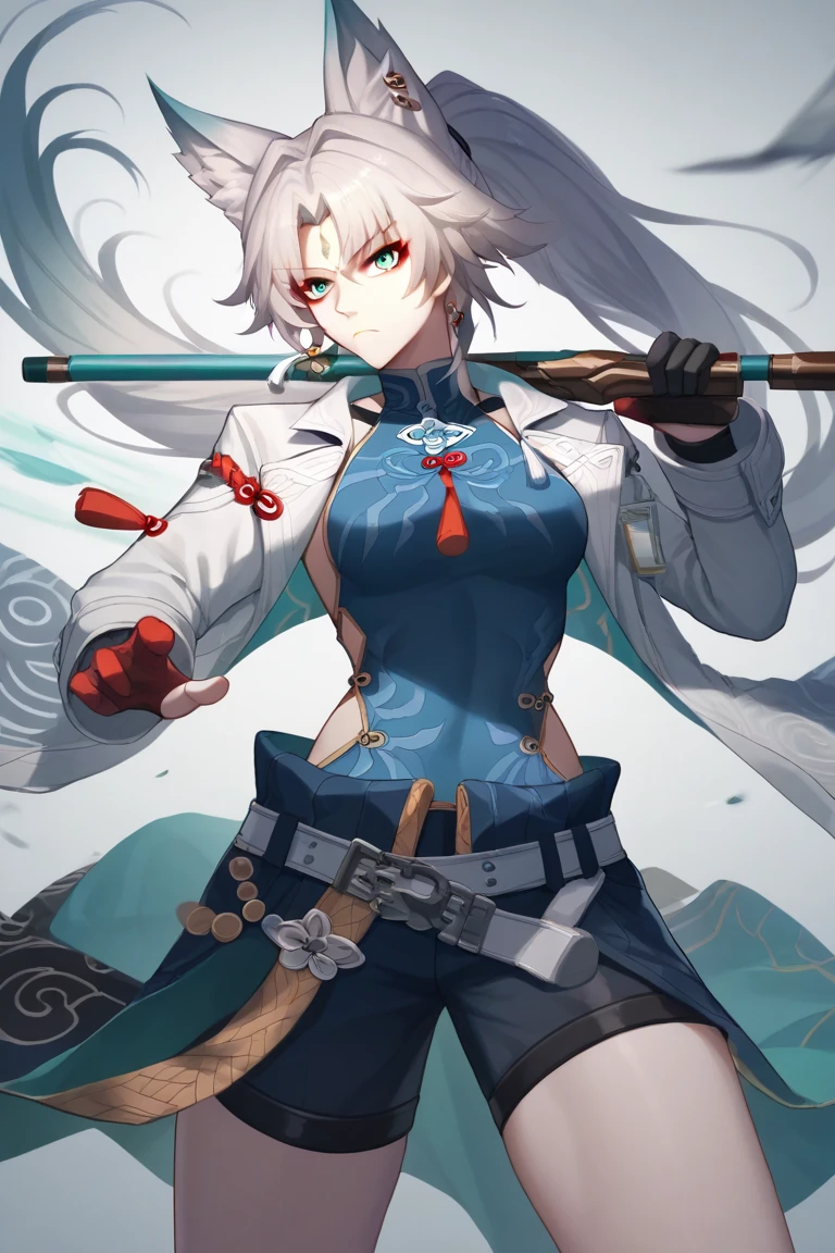 Feixiao \(honkai:_star_rail\), 1girl, fox_ears, green_eyes, brown_hair, fox_girl, fox_tail, hair_between_eyes, long_hair, ponytail, thighs, 
BREAK torn cl,holding feixiao  sword ,aiming at viewer,frown,fighting stance,(battle:1.2),electro effect ,dungeon background. ,masterpiece,best quality,anime.