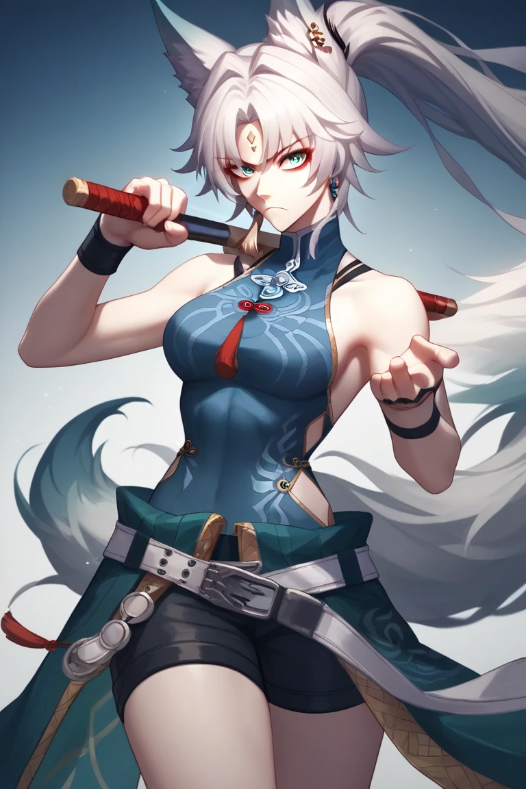 Feixiao \(honkai:_star_rail\), 1girl, fox_ears, green_eyes, brown_hair, fox_girl, fox_tail, hair_between_eyes, long_hair, ponytail, thighs, 
BREAK torn cl,holding feixiao  sword ,aiming at viewer,frown,fighting stance,(battle:1.2),electro effect ,dungeon background. ,masterpiece,best quality,anime.