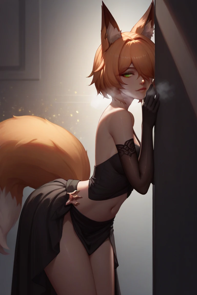 1 girl, looking at viewer, solo, navel, bare shoulder, elbow gloves, medium breasts, stomach, hair over one eye, bandaged arm, tingyun_\(honkai:_star_rail\), 1girl, fox_ears, green_eyes, brown_hair, fox_girl, fox_tail, hair_between_eyes
1 girl, alone, standing in the doorway, seductive, side view, sensual gaze, (arching, leaning forward: 1,2), looking at viewer, hands between legs, glowing particles, darkness, glowing red particles, red silk evening dress, high contrast, feminine silhouette, shiny, pull up skirt,
sensual look, heavy breathing, seductive,