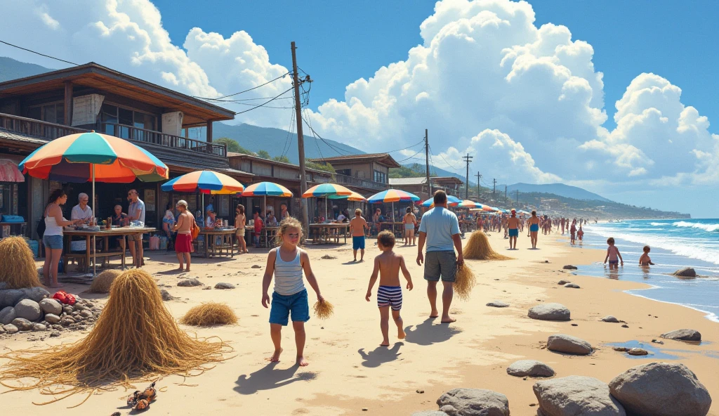 "Life at Sea": A vibrant coastal community at midday, with ren playing in the sand, fishermen pulling in their full nets, and seafood vendors beckoning customers. The sound of laughter mixes with the noise of the waves, creating a lively and energetic scene.