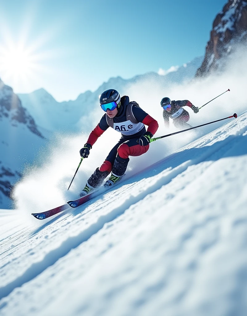 Realistic, theme is "Ski Sprint", downhill skiing, skiers quickly passing through a gate on a steep slope, skiing down at breakneck speed wearing helmets and goggles, making turns at the gates kicking up snow, contrast between the blue sky and the white snow, the Alps can be seen in the distance, powerful scene, close-up on one skier's feet, detailed low-angle side view, sophisticated design, advanced lighting technology, real-life 8K quality photos