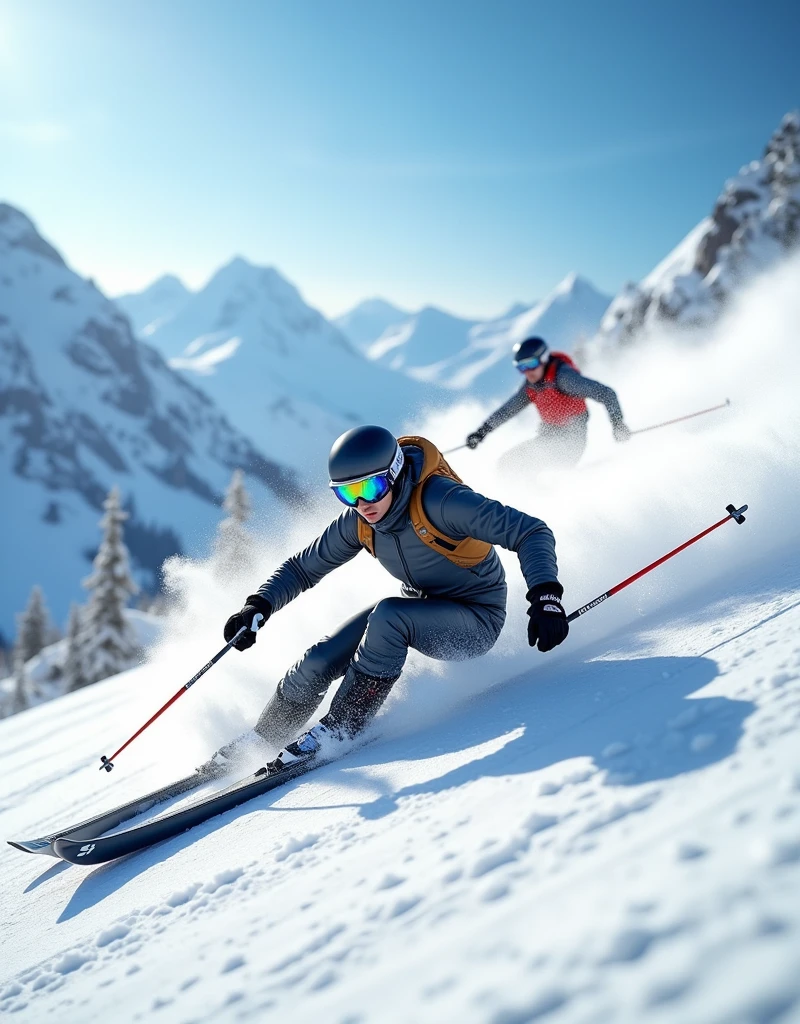 Realistic, theme is "Ski Sprint", downhill skiing, skiers quickly passing through a gate on a steep slope, skiing down at breakneck speed wearing helmets and goggles, making turns at the gates kicking up snow, contrast between the blue sky and the white snow, the Alps can be seen in the distance, powerful scene, close-up on one skier's feet, detailed low-angle side view, sophisticated design, advanced lighting technology, real-life 8K quality photos