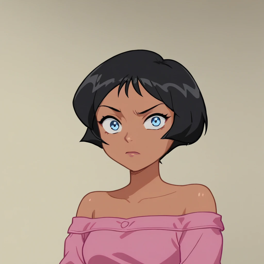 score_7_up, BREAK, anime screencap, Dominique, 1girl, solo, short hair, black hair, blue eyes, pink shirt, off shoulder, portrait, dark skin