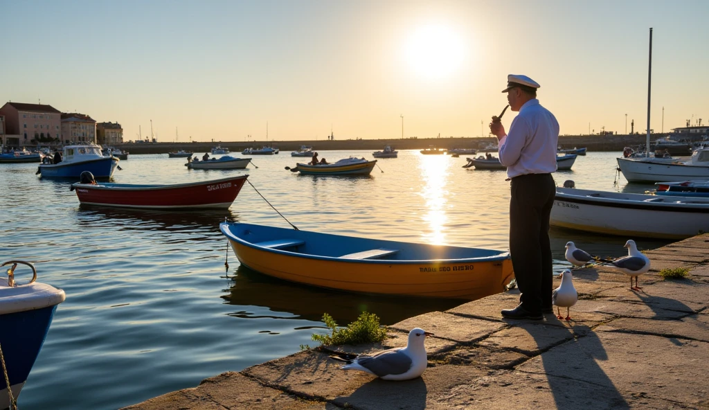 A peaceful harbor at dawn, where colorful boats are anchored, their ropes creaking gently. The reflection of the boats dances on the surface of the water. On the pier, an old sailor lights a pipe, surrounded by seagulls waiting for crumbs.