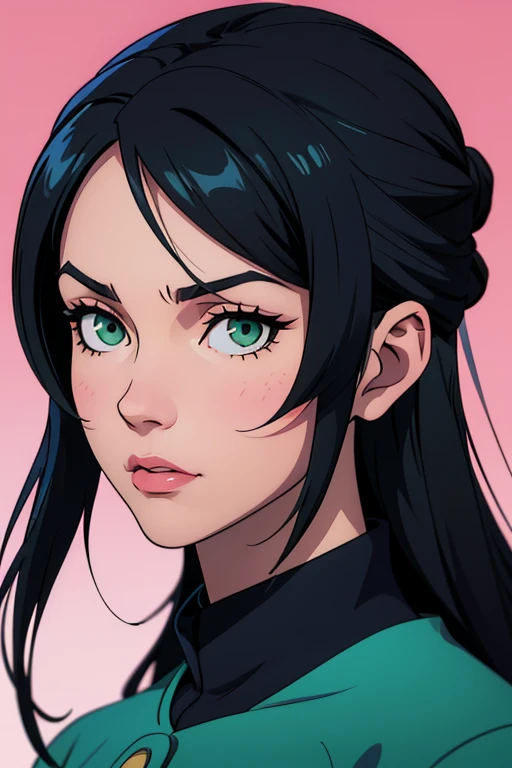 a close up of a woman with long black hair and green eyes, a character portrait inspired by Ross Tran ,  trending on ArtStation , serial art, Artgerm e Atey Ghailan,  stunning anime face portrait , Beautiful anime portrait,  made with anime painter studio , Ilya Kuvshinov com cabelo longo,  female anime character ,  painted at the anime painting studio Long Hair, Rice, Jujutsu Kaisen uniform. body photo.