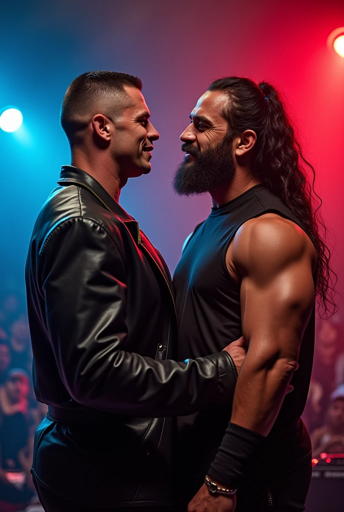 A group of beefy bearded Asian badboys man with a more bigger body size, big beer belly, pumped chest, tribal art style tattoos, authoritative and protective expression, hugging from behind, worshiping and squeezing his chest, wearing a rapper outfit with pirate details, crowed down pose, pink neon lights, low angle camera