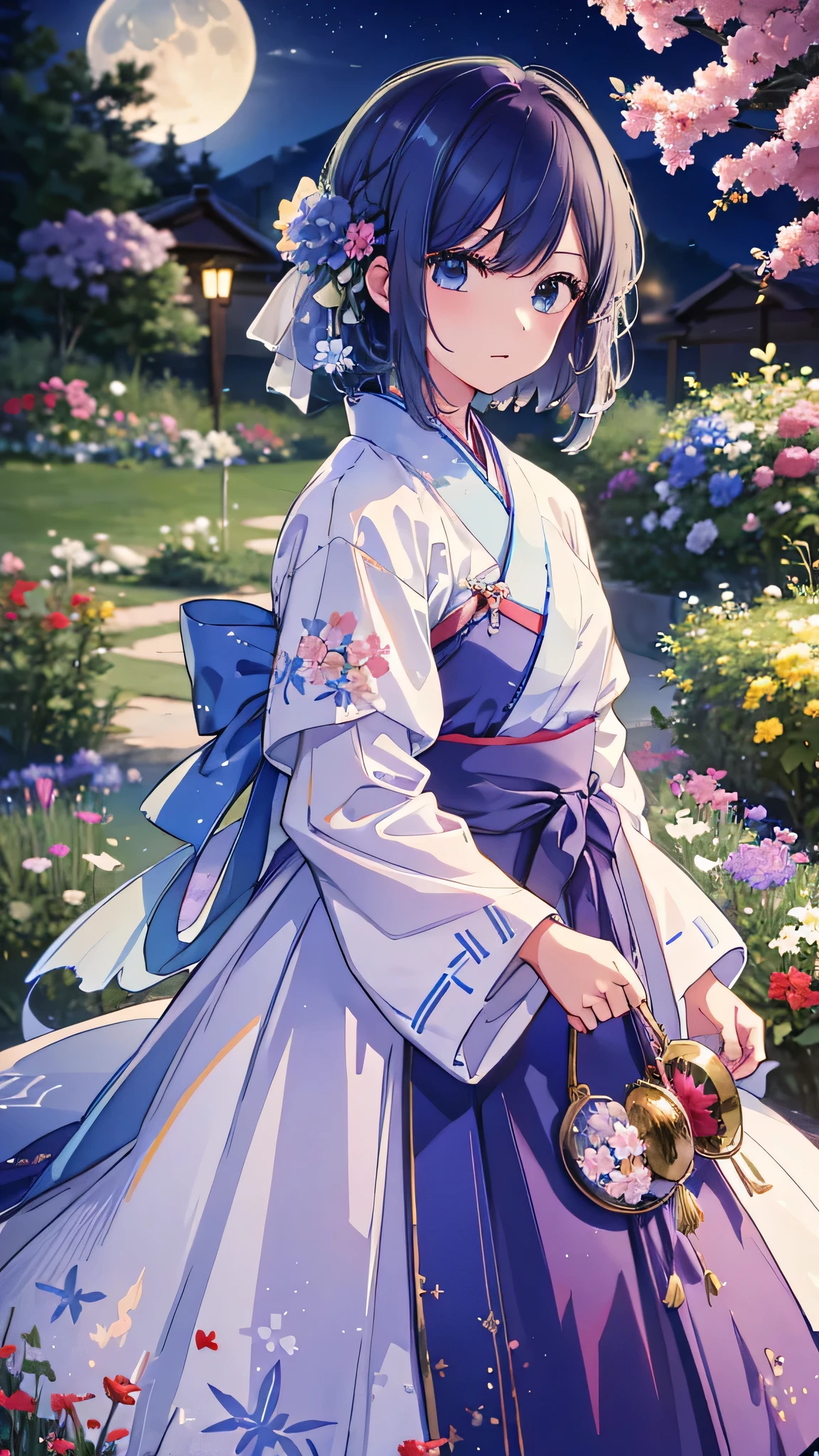  top quality, expensive_resolution,  clear_image,  Detailed Background  , girl, hanbok,flower,garden,moon,   knight ,