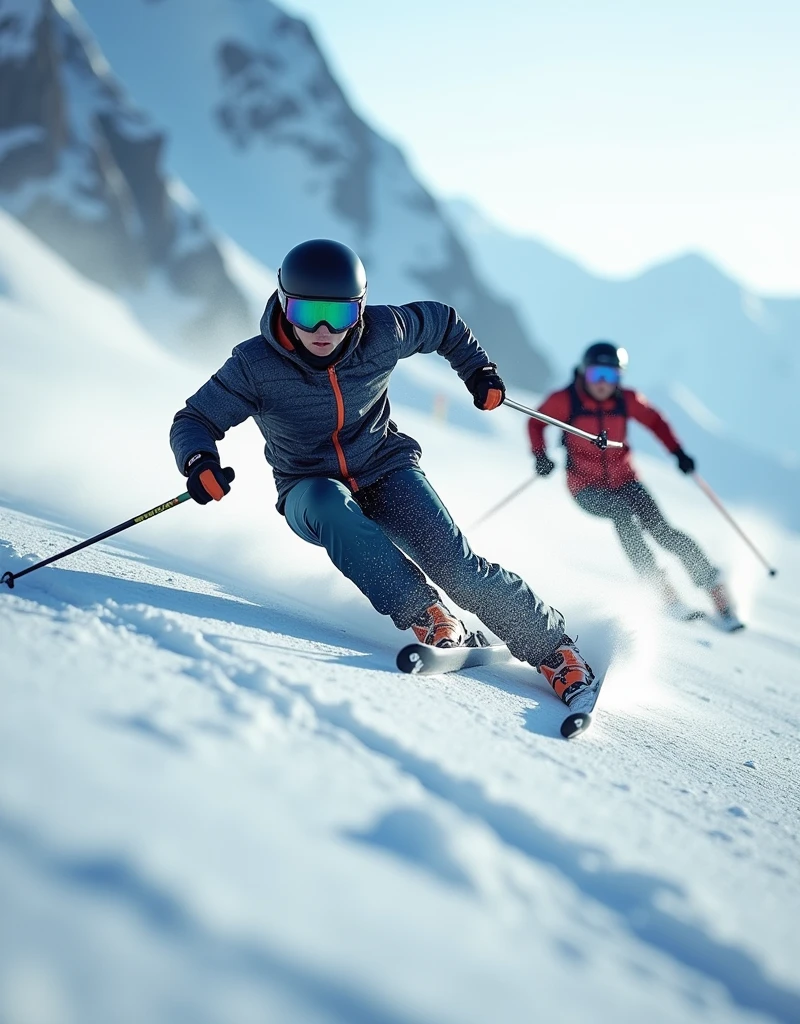 Realistic, theme is "Ski Sprint", downhill skiing, skiing down a steep slope at breakneck speed, close-ups of skis and boots, powerful scenes of skis cutting through the snow as they turn, super low-angle, sophisticated design, advanced lighting techniques, 8K quality live-action photos