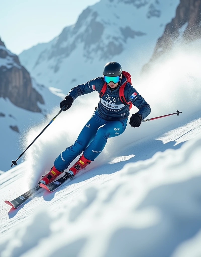 Realistic, theme is "Ski Sprint", downhill skiing, skiing down a steep slope at breakneck speed, close-ups of skis and boots, powerful scenes of skis cutting through the snow as they turn, super low-angle, sophisticated design, advanced lighting techniques, 8K quality live-action photos