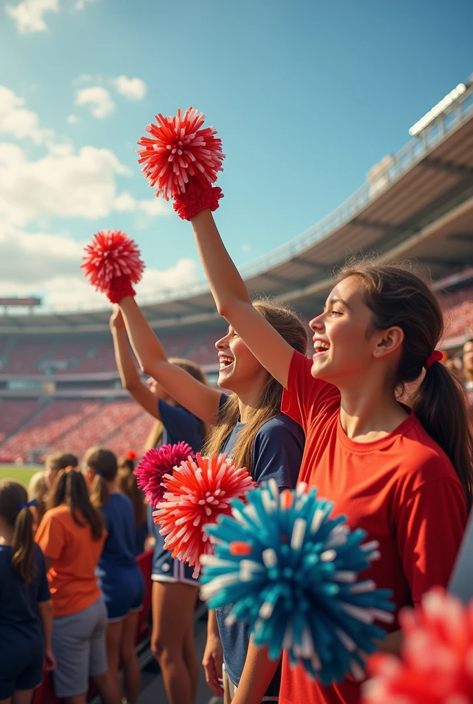 Children in an American football stadium, cheering in the stands, Looking towards the camera.