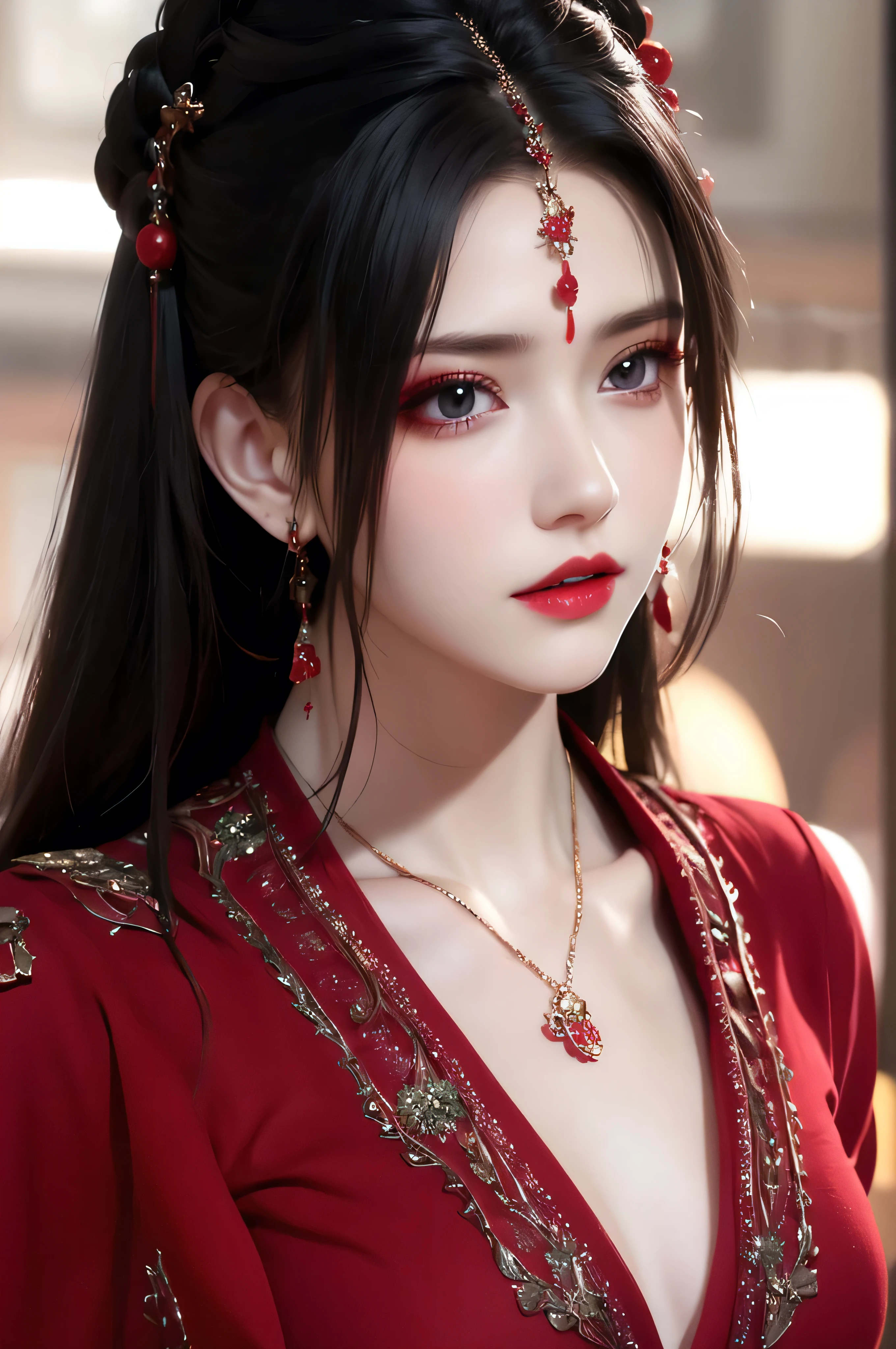 best quality, masterpiece, highres, official art, extremely detailed cg unity 8k wallpaper, jiapliqiao, 1girl, long hair, 1girl, jewelry, solo, earrings, red lips, hair ornament, makeup, realistic, red dress, necklace, full body