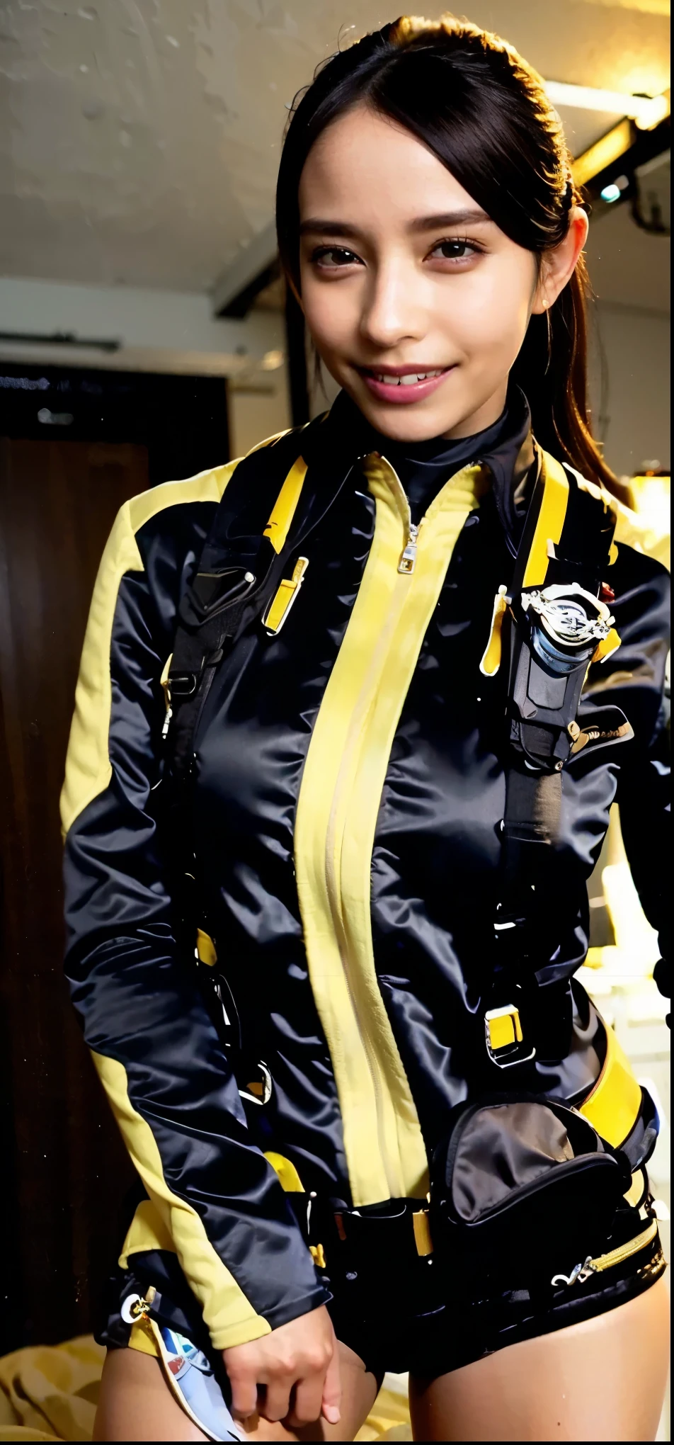 ( extremely realistic), ( top quality), ((round, SMALL AND PRECISE FACE )), glowing skin that will turn your eyes off , glowing skin that will turn your eyes off , wide hips, healthy body,Yokozaki beauty々, black gloves ,clock,iris,short Shorts ,black Shorts , Long Sleeve , jacket, Shorts ,Big Breasts,Big Breasts, ADULT WOMEN ,Very serious expression, her breasts are so big and plump ., I can tell the shape of my chest even through my clothes,The clothes are perfect for the body