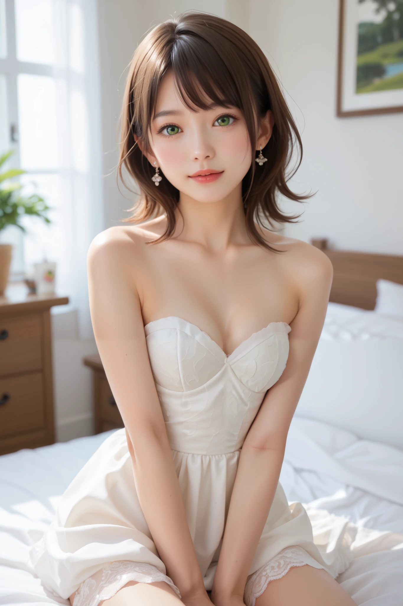 asian woman, green_eyes, in a white dress sitting on a bed, a pastel by Eizan Kikukawa, tumblr, shin hanga, realistic young gravure idol, young sensual gravure idol, Yoshitomo Nara, sophisticated gravure idol, young pretty gravure idol, with short hair, cute elegant pose