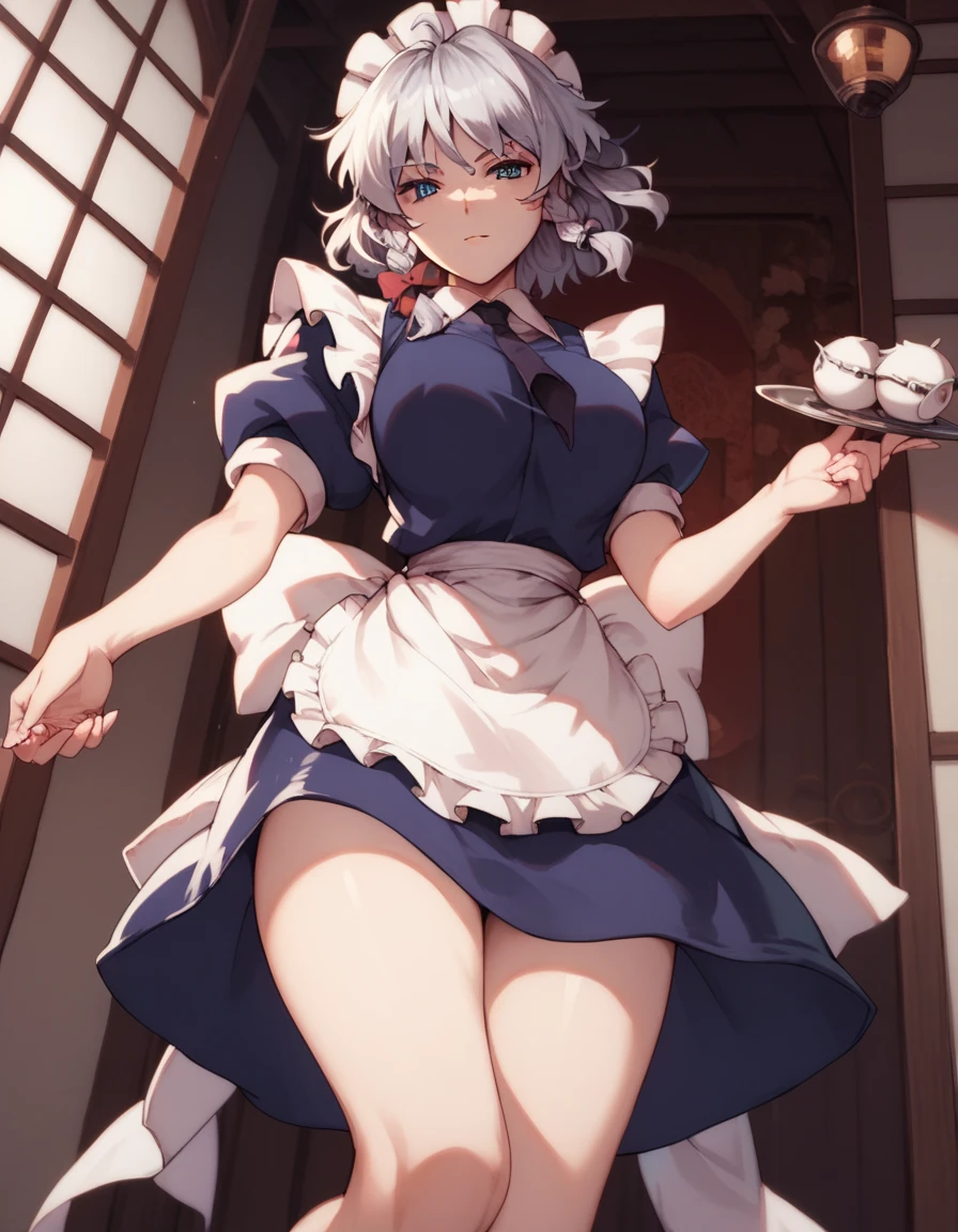  Sixteen Night Sakaki Night （ Touhou Project）, maid clothes,Thighs, Silver Hair, blue eyes, Viewer Target, smiles gently,