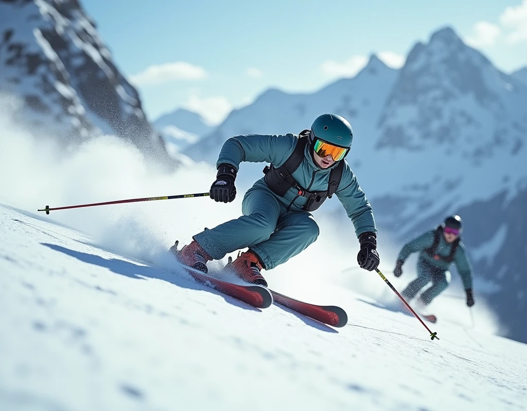 Realistic, theme is "Ski Sprint", downhill skiing, skiing down a steep slope at breakneck speed, close-ups of skis and boots, powerful scenes of skis cutting through the snow as they turn, super low-angle, sophisticated design, advanced lighting techniques, 8K quality live-action photos